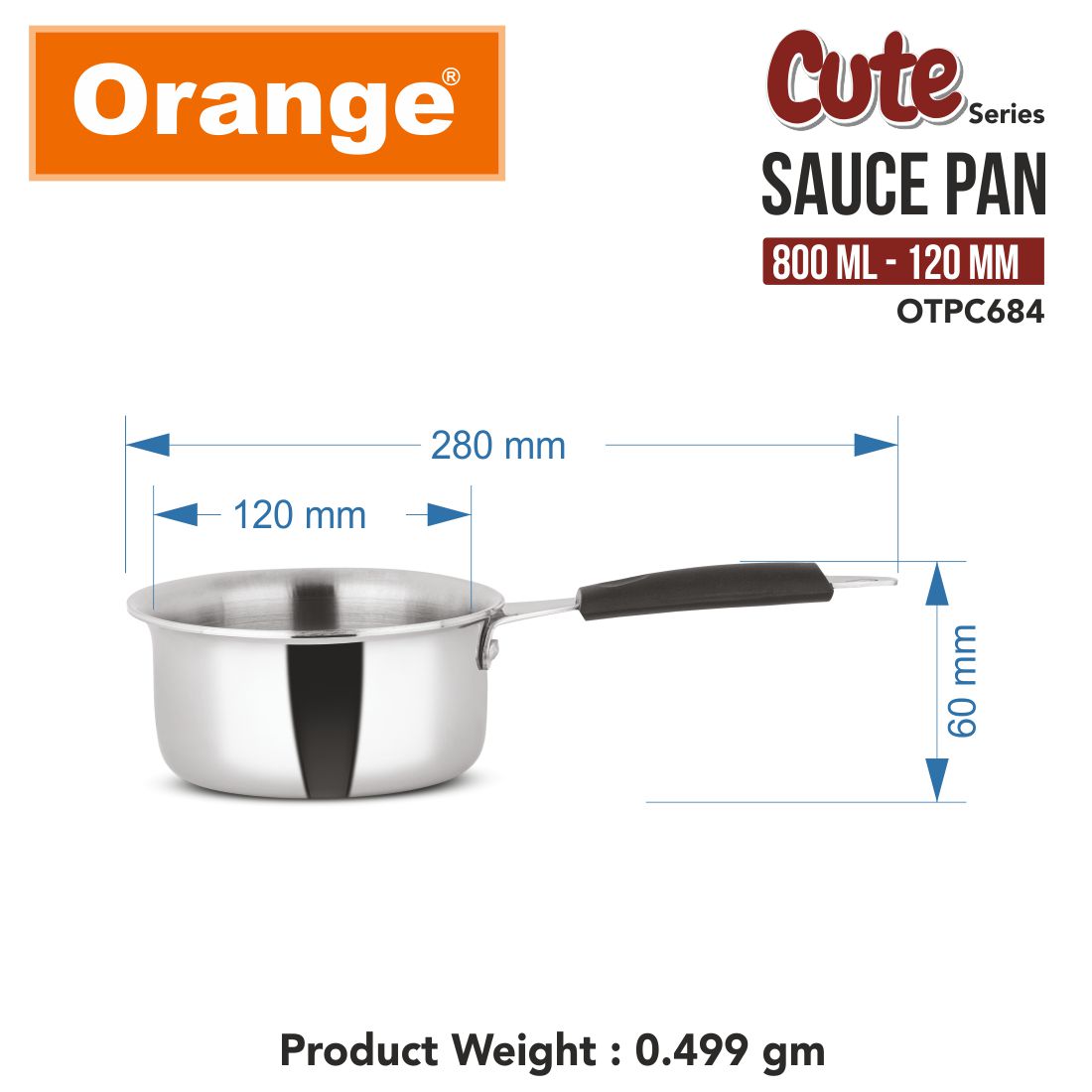 Orange Triply Cute Series Mini Saute Pan 800ml (120mm) | Ideal for Tea, Coffee, Milk & Sauces | Heavy Bottom | Induction & Gas Friendly | 2.5mm Thick Base | Cool-Touch Handle