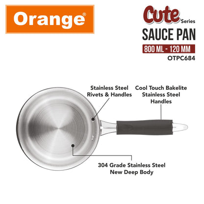 Orange Triply Cute Series Mini Saute Pan 800ml (120mm) | Ideal for Tea, Coffee, Milk & Sauces | Heavy Bottom | Induction & Gas Friendly | 2.5mm Thick Base | Cool-Touch Handle