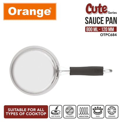 Orange Triply Cute Series Mini Saute Pan 800ml (120mm) | Ideal for Tea, Coffee, Milk & Sauces | Heavy Bottom | Induction & Gas Friendly | 2.5mm Thick Base | Cool-Touch Handle