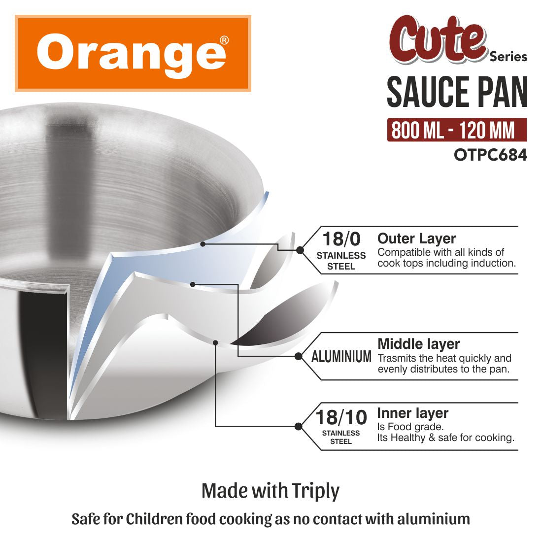 Orange Triply Cute Series Mini Saute Pan 800ml (120mm) | Ideal for Tea, Coffee, Milk & Sauces | Heavy Bottom | Induction & Gas Friendly | 2.5mm Thick Base | Cool-Touch Handle