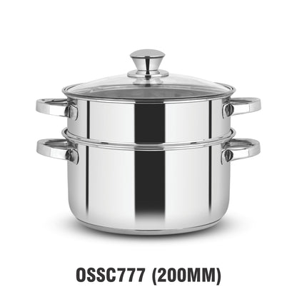 Orange Stainless Steel 2 Tier Food Steamer with Glass Lid | Momos/Modak/Vegetable Steamer | Base Pot Usable as Cooking Casserole | Induction Cooktop Friendly | 5 Year Warranty