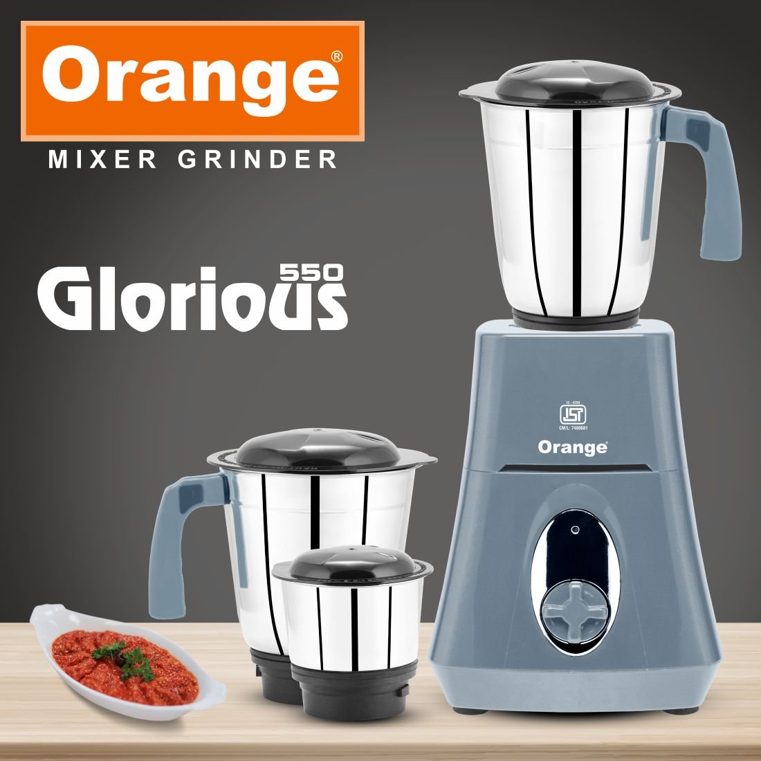 Orange 550 Watt Mixer Grinder Glorious 100% Copper Heavy Duty Motor With 2 Virgin & Unbrakable SS Coil Jars(1 Big Jar & 1 Chutney Jar) | Stainless Steel Blades | 2 Years Motor Warranty | Grey Color - Orange CookwareOrange 550 Watt Mixer Grinder Glorious 100% Copper Heavy Duty Motor With 2 Virgin & Unbrakable SS Coil Jars(1 Big Jar & 1 Chutney Jar) | Stainless Steel Blades | 2 Years Motor Warranty | Grey Color