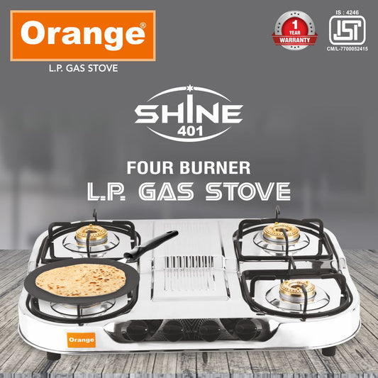 Orange 4 Burner Stainless Steel Gas Stoves Manual (Shine) | Silver | Spill Proof | Ergonomic Knobs | Tri-Pin Brass Burners (ISI Certified)