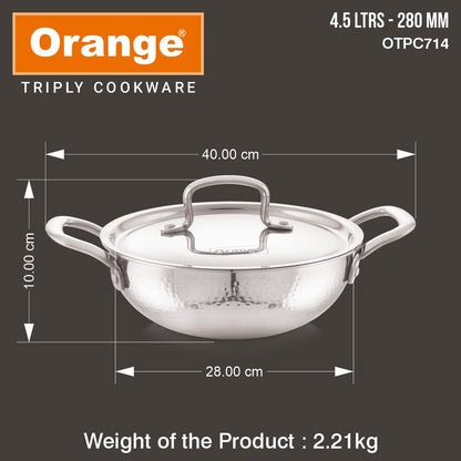 Orange Triply Stainless Steel Hammered (Mathar) Deep Kadai with SS Lid| Induction & Gas Compatible | Heavy 2.5mm Thick Bottom | Cool-Touch Handle| Silver