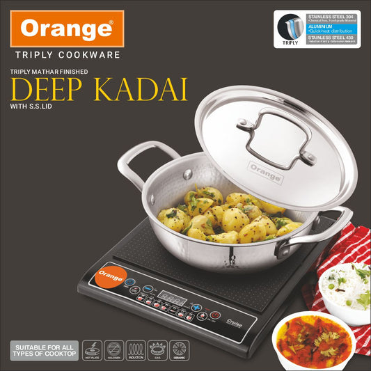 Orange Triply Stainless Steel Hammered (Mathar) Deep Kadai with SS Lid| Induction & Gas Compatible | Heavy 2.5mm Thick Bottom | Cool-Touch Handle| Silver