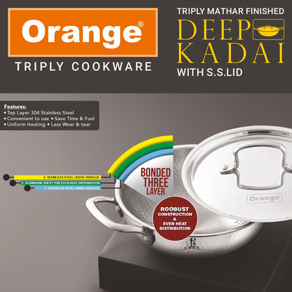 Orange Triply Stainless Steel Hammered (Mathar) Deep Kadai with SS Lid| Induction & Gas Compatible | Heavy 2.5mm Thick Bottom | Cool-Touch Handle| Silver