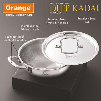 Orange Triply Stainless Steel Hammered (Mathar) Deep Kadai with SS Lid| Induction & Gas Compatible | Heavy 2.5mm Thick Bottom | Cool-Touch Handle| Silver