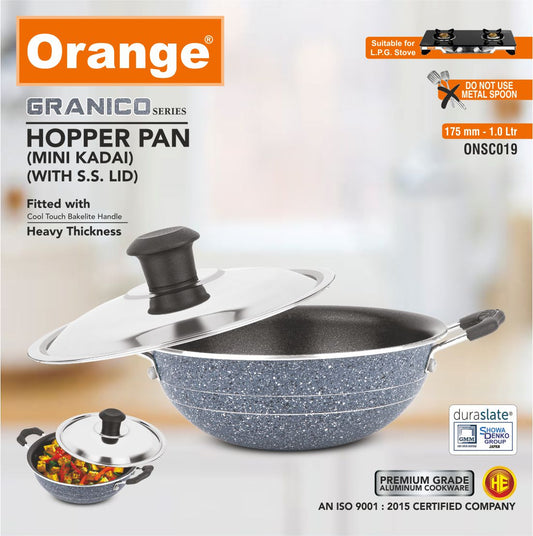 Orange Granico Series Non-Stick Mini kadai/Hopper pan with Stainless Steel Lid, Aluminium 2.6mm Thickness | Free Nylon Spatula & Scrubber | 175mm, 1 Lit Capacity | Gas Stove Friendly | 1Year Warranty