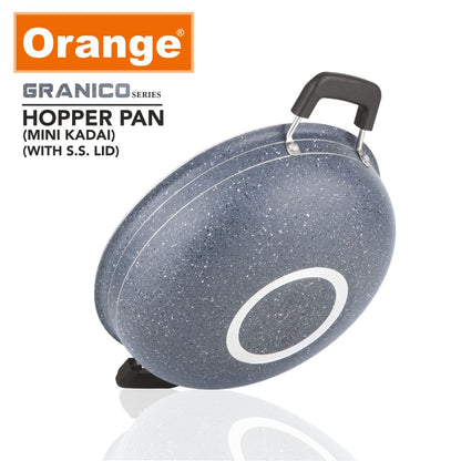 Orange Granico Series Non-Stick Mini kadai/Hopper pan with Stainless Steel Lid, Aluminium 2.6mm Thickness | Free Nylon Spatula & Scrubber | 175mm, 1 Lit Capacity | Gas Stove Friendly | 1Year Warranty