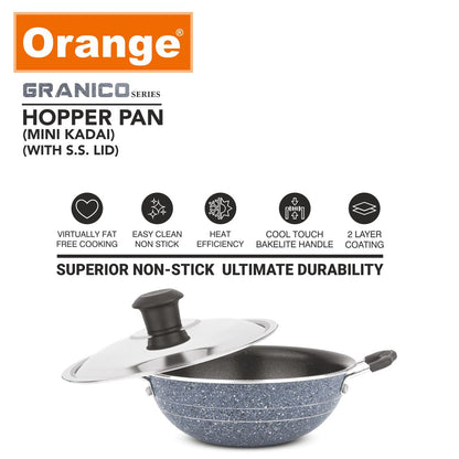 Orange Granico Series Non-Stick Mini kadai/Hopper pan with Stainless Steel Lid, Aluminium 2.6mm Thickness | Free Nylon Spatula & Scrubber | 175mm, 1 Lit Capacity | Gas Stove Friendly | 1Year Warranty