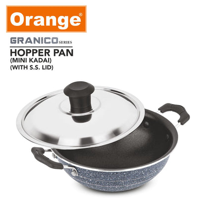 Orange Granico Series Non-Stick Mini kadai/Hopper pan with Stainless Steel Lid, Aluminium 2.6mm Thickness | Free Nylon Spatula & Scrubber | 175mm, 1 Lit Capacity | Gas Stove Friendly | 1Year Warranty