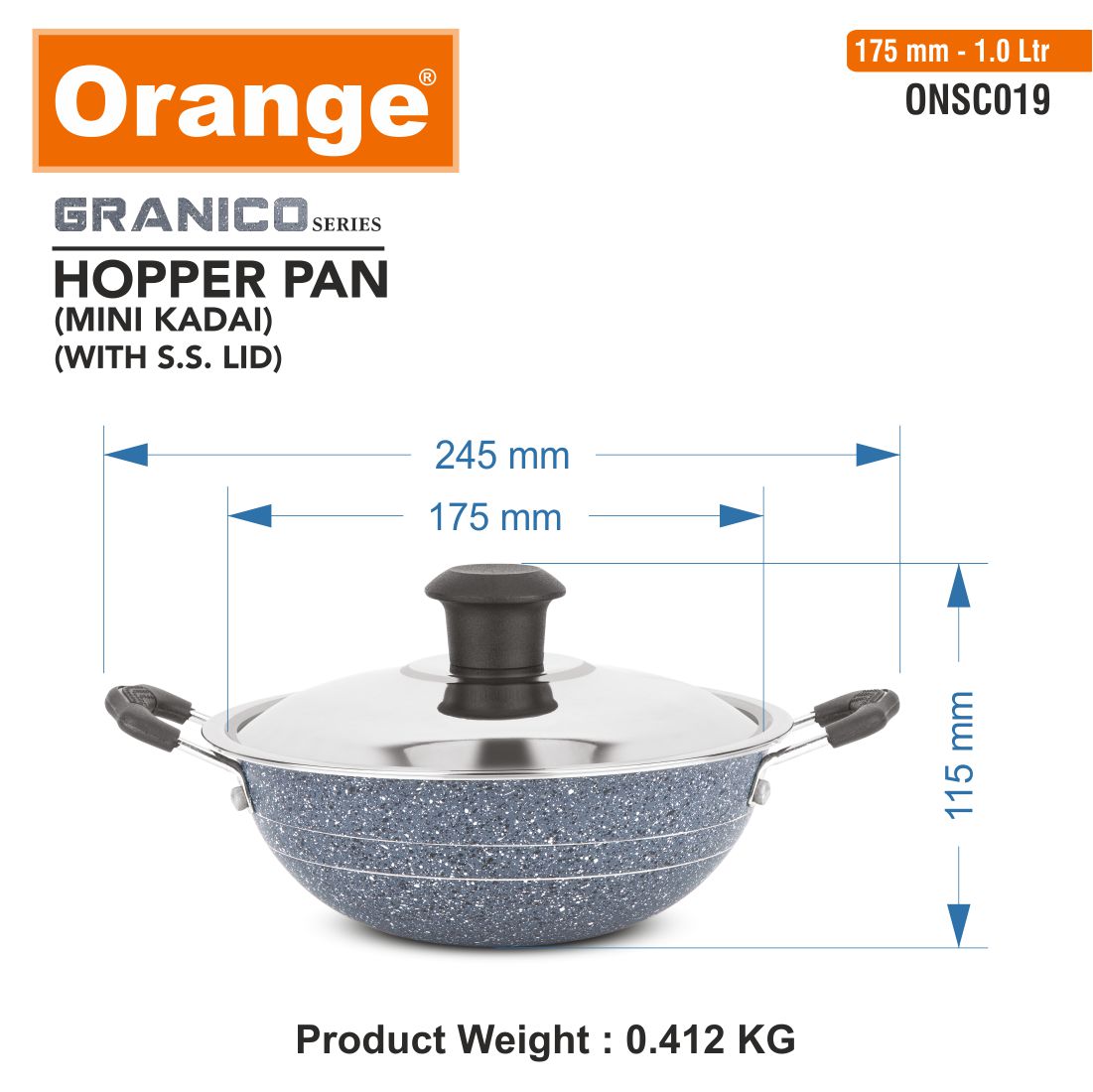Orange Granico Series Non-Stick Mini kadai/Hopper pan with Stainless Steel Lid, Aluminium 2.6mm Thickness | Free Nylon Spatula & Scrubber | 175mm, 1 Lit Capacity | Gas Stove Friendly | 1Year Warranty