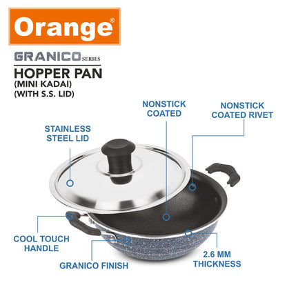 Orange Granico Series Non-Stick Mini kadai/Hopper pan with Stainless Steel Lid, Aluminium 2.6mm Thickness | Free Nylon Spatula & Scrubber | 175mm, 1 Lit Capacity | Gas Stove Friendly | 1Year Warranty