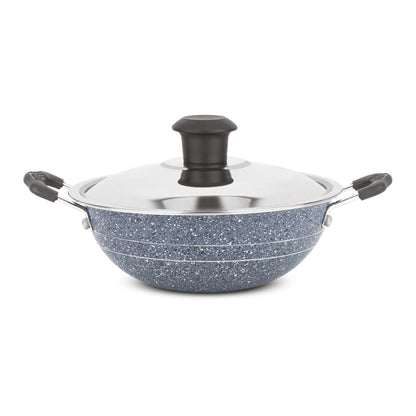 Orange Granico Series Non-Stick Mini kadai/Hopper pan with Stainless Steel Lid, Aluminium 2.6mm Thickness | Free Nylon Spatula & Scrubber | 175mm, 1 Lit Capacity | Gas Stove Friendly | 1Year Warranty