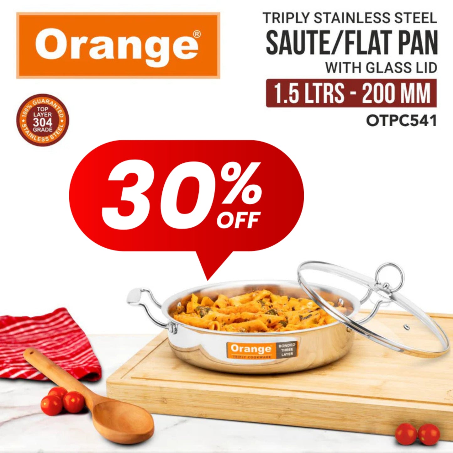 Orange Stainless Steel Triply Cook & Serve Fry Pan/Saute Pan/Kadai/Flat Pan with Glass lid with Cool Touch Handles| 2.5mm Thickness| Induction cooktop Friendly