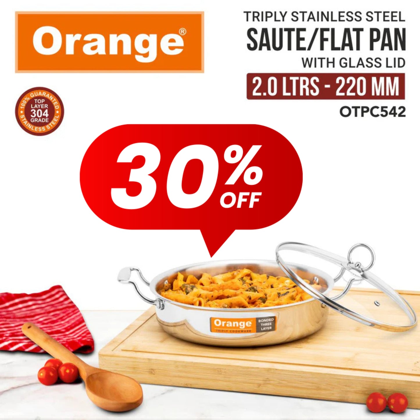 Orange Stainless Steel Triply Cook & Serve Fry Pan/Saute Pan/Kadai/Flat Pan with Glass lid with Cool Touch Handles| 2.5mm Thickness| Induction cooktop Friendly