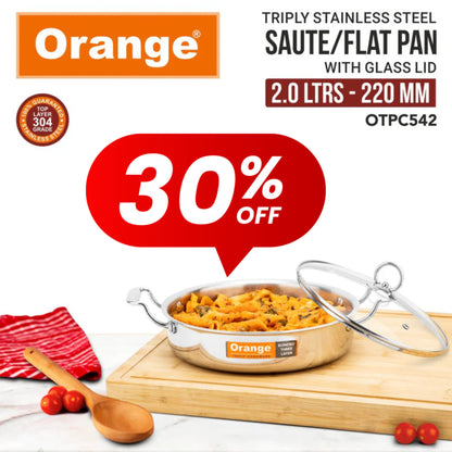 Orange Stainless Steel Triply Cook & Serve Fry Pan/Saute Pan/Kadai/Flat Pan with Glass lid with Cool Touch Handles| 2.5mm Thickness| Induction cooktop Friendly