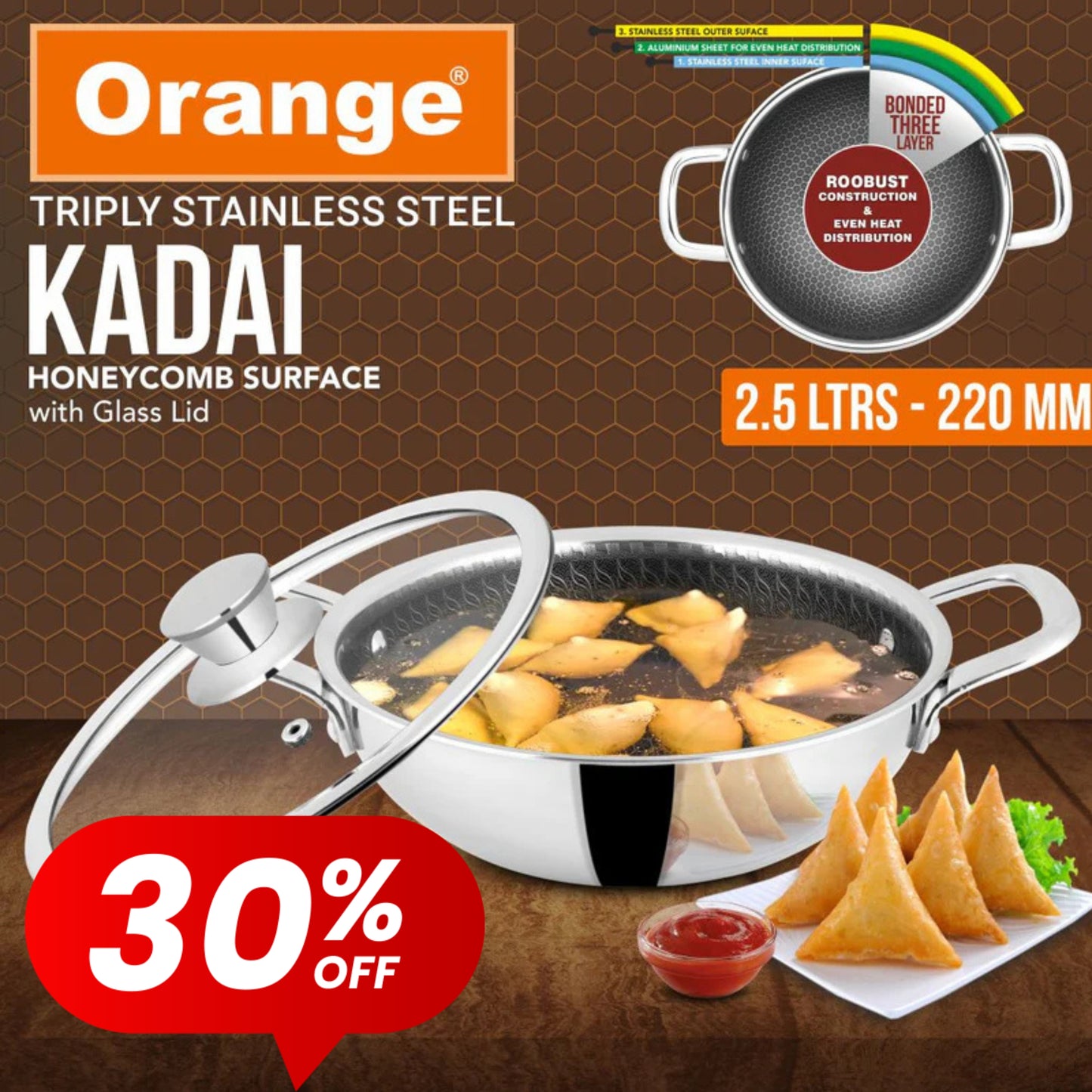 Orange Triply Stainless Steel Honeycomb Non-Stick Deep Kadai/Kadhai with Glass Lid | Induction & Gas Stove Capatible | Metal Spoon Friendly | 2.5mm Thickness
