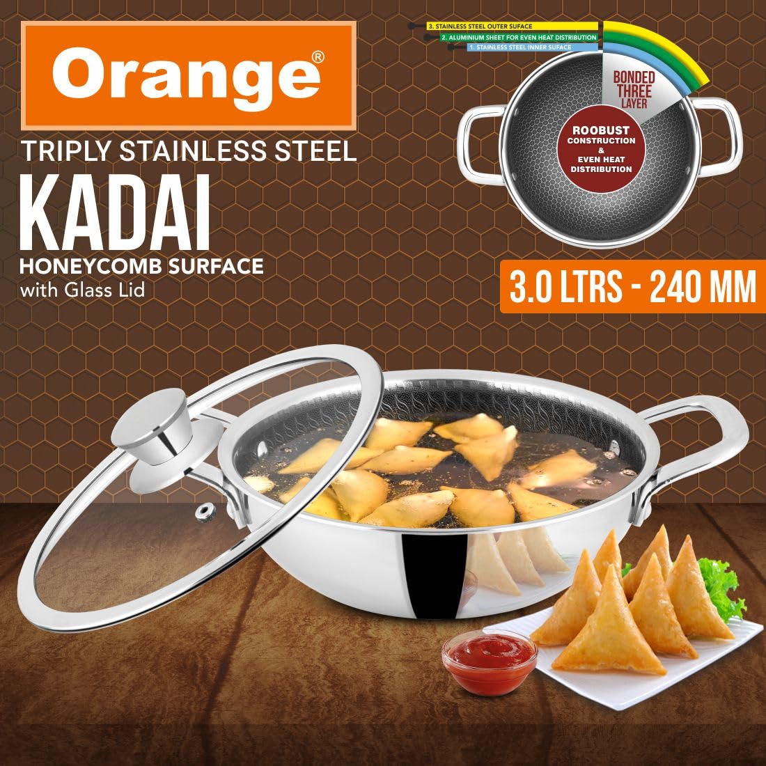 Orange Triply Stainless Steel Honeycomb Non-Stick Deep Kadai/Kadhai with Glass Lid | Induction & Gas Stove Capatible | Metal Spoon Friendly | 2.5mm Thickness