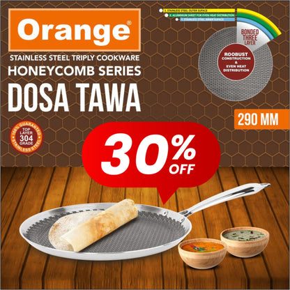 Orange Triply Stainless Steel Non-Stick Honeycomb Dosa/Uttapa Tawa| Induction Frinedly | Cool Touch Riveted Handle | 2.5mm Thickness