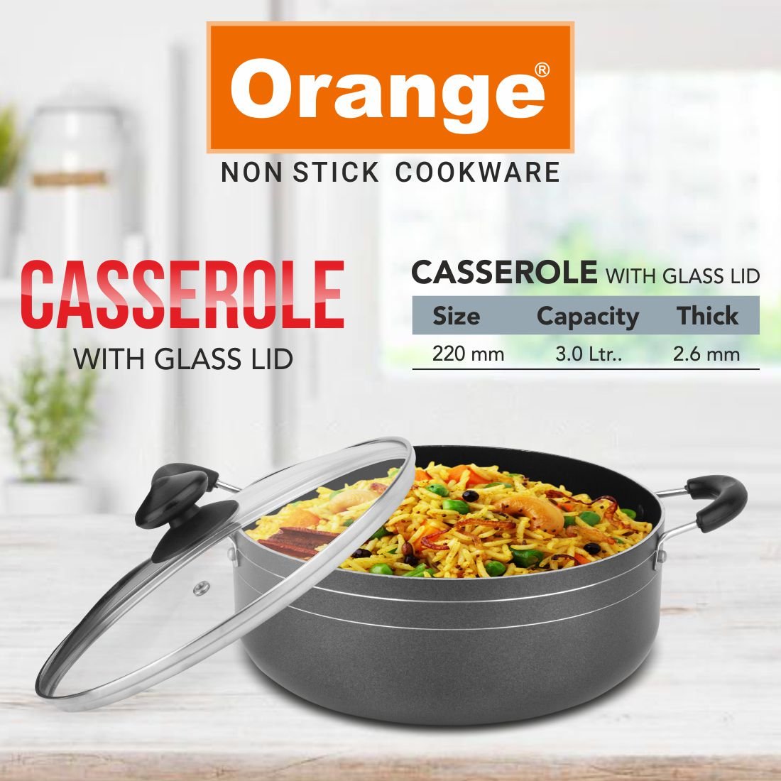 Orange 2.6MM Series Non - Stick Cook & Serve Casserole/Kadai with Glass Lid | Free Nylon Spatula & Scrubber - Orange CookwareOrange 2.6MM Series Non - Stick Cook & Serve Casserole/Kadai with Glass Lid | Free Nylon Spatula & Scrubber