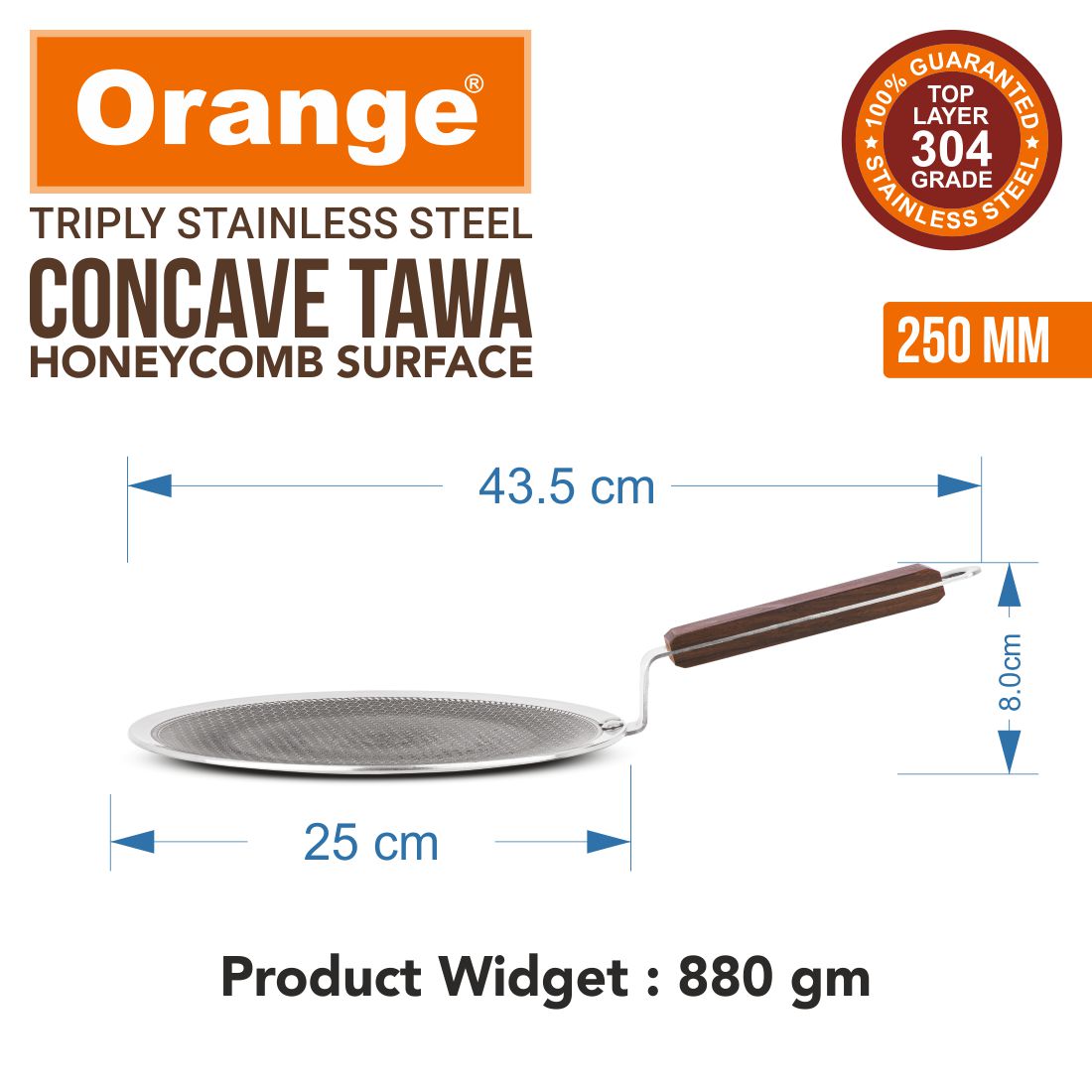 Orange Triply Stainless Steel Honeycomb Non-Stick Roti/Parathas/Concave Tawa | Scratch Resistant | Induction Friendly | Riveted Cool Touch Handle | 2.5mm Thickness