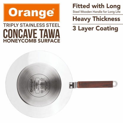 Orange Triply Stainless Steel Honeycomb Non-Stick Roti/Parathas/Concave Tawa | Scratch Resistant | Induction Friendly | Riveted Cool Touch Handle | 2.5mm Thickness