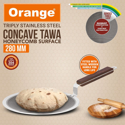 Orange Triply Stainless Steel Honeycomb Non-Stick Roti/Parathas/Concave Tawa | Scratch Resistant | Induction Friendly | Riveted Cool Touch Handle | 2.5mm Thickness