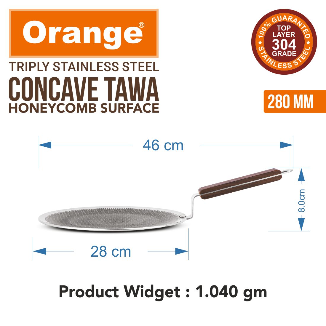 Orange Triply Stainless Steel Honeycomb Non-Stick Roti/Parathas/Concave Tawa | Scratch Resistant | Induction Friendly | Riveted Cool Touch Handle | 2.5mm Thickness