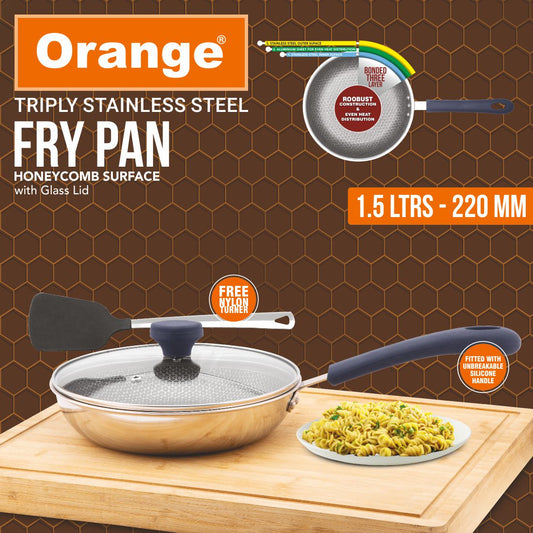 Orange Triply Stainless Steel Honeycomb Fry Pan with Long Handle | Gas top and Induction Bottom Friendly