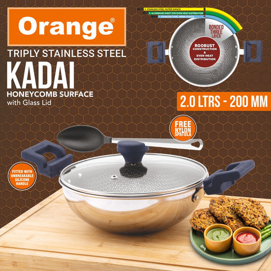 Orange Triply Stainless Steel Honeycomb Deep Kadai with Glass Lid | 5 Year Warranty | Honeycomb Finish | Induction Friendly, Easy Clean | Stylish Silicon Handles | Silver