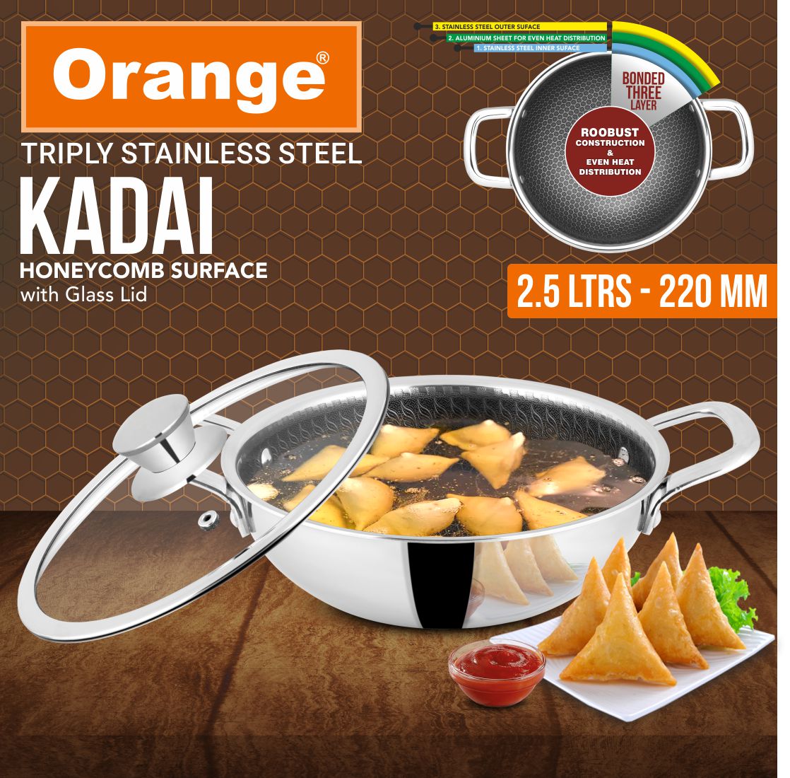 Orange Triply Stainless Steel Honeycomb Non-Stick Deep Kadai/Kadhai with Glass Lid | Induction & Gas Stove Capatible | Metal Spoon Friendly | 2.5mm Thickness