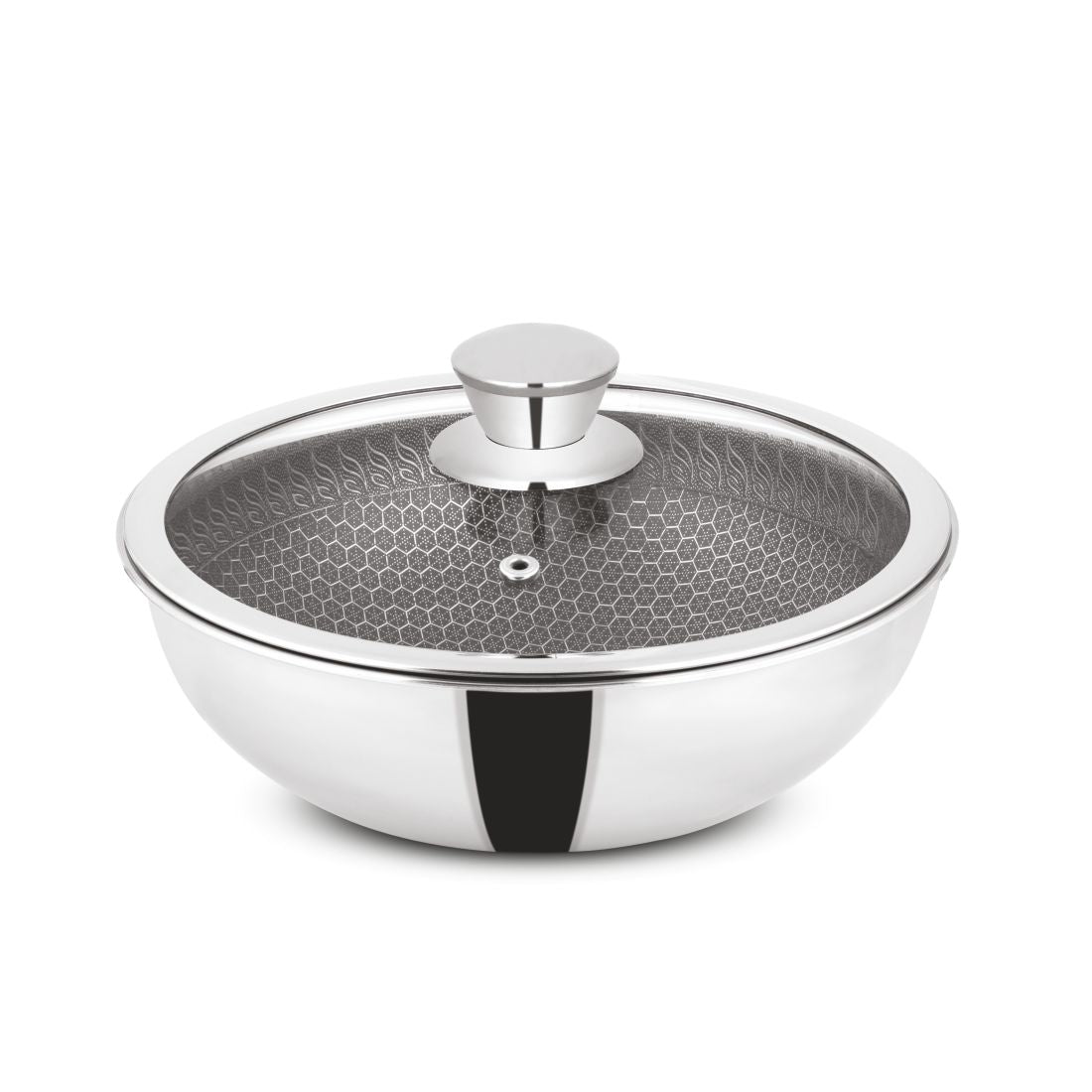 Orange Triply Honeycomb Stainless Steel Tasra Kadai with Glass Lid| Heavy Bottom, Scratch Resist Non-Stick Tasra/Tasla | Induction Friendly