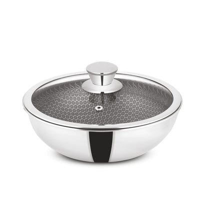 Orange Triply Honeycomb Stainless Steel Tasra Kadai with Glass Lid| Heavy Bottom, Scratch Resist Non-Stick Tasra/Tasla | Induction Friendly