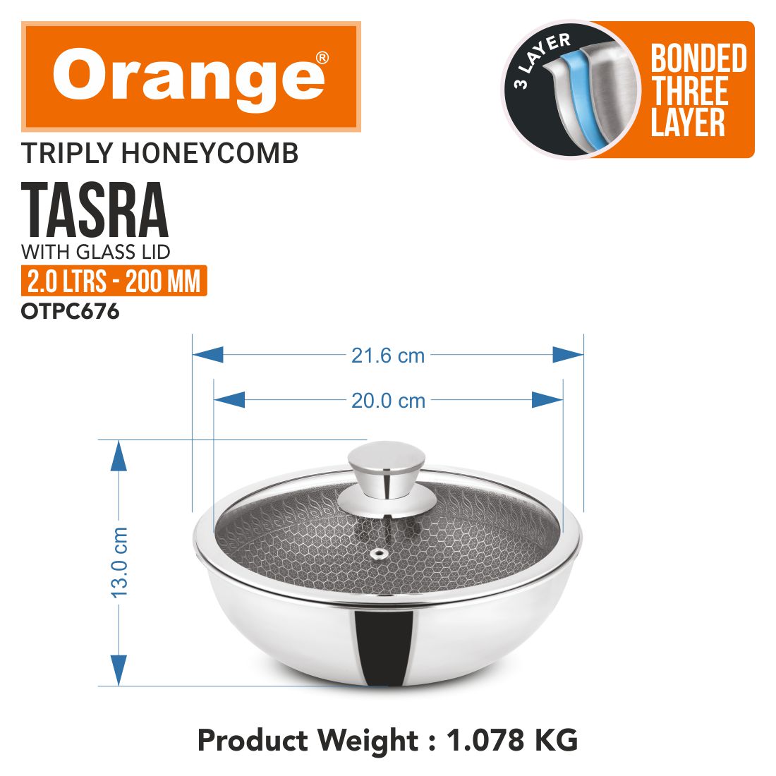 Orange Triply Honeycomb Stainless Steel Tasra Kadai with Glass Lid| Heavy Bottom, Scratch Resist Non-Stick Tasra/Tasla | Induction Friendly