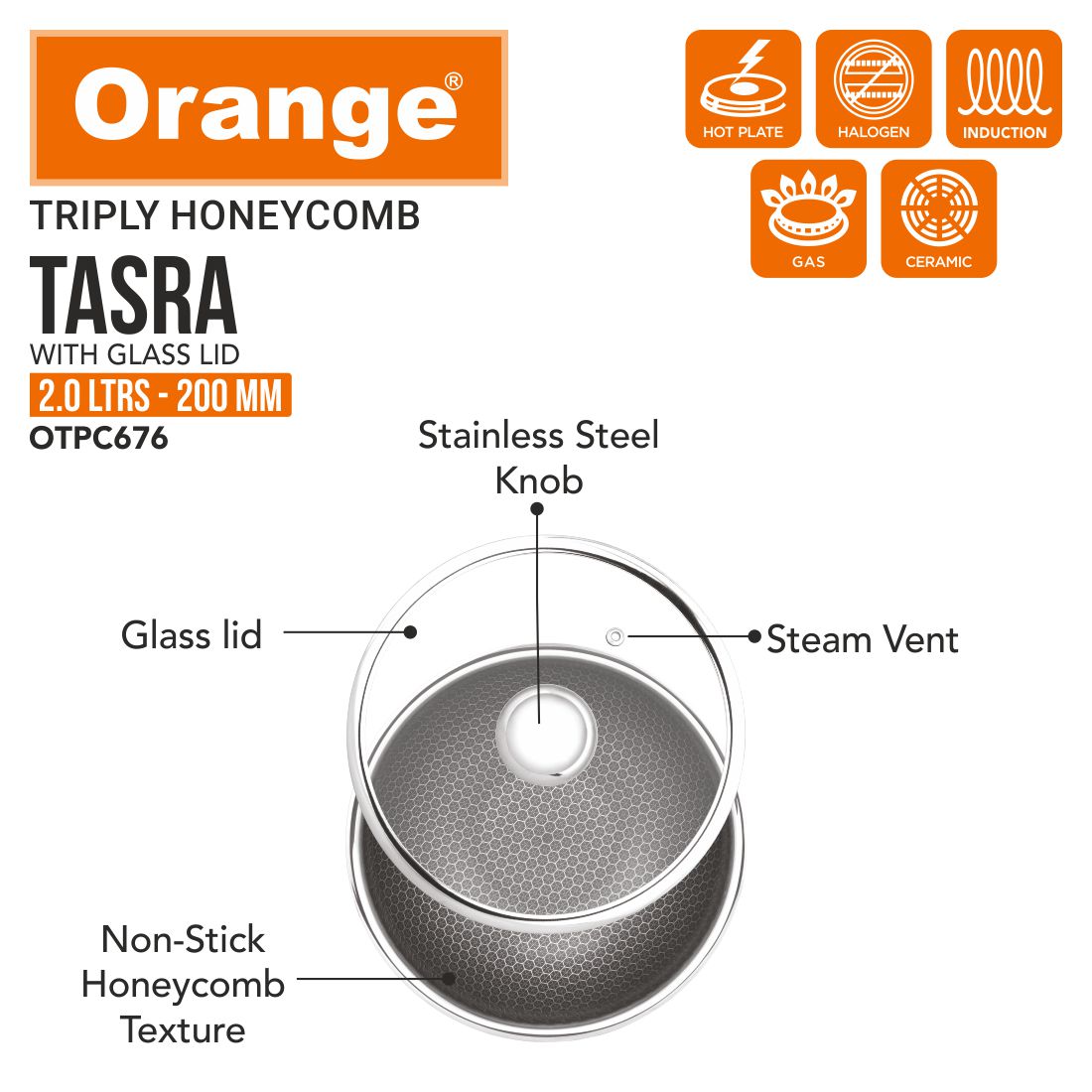 Orange Triply Honeycomb Stainless Steel Tasra Kadai with Glass Lid| Heavy Bottom, Scratch Resist Non-Stick Tasra/Tasla | Induction Friendly