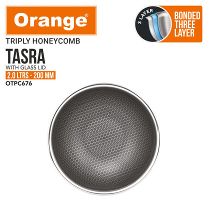 Orange Triply Honeycomb Stainless Steel Tasra Kadai with Glass Lid| Heavy Bottom, Scratch Resist Non-Stick Tasra/Tasla | Induction Friendly
