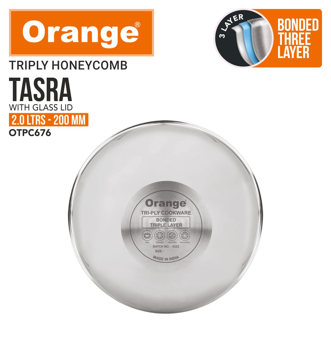 Orange Triply Honeycomb Stainless Steel Tasra Kadai with Glass Lid| Heavy Bottom, Scratch Resist Non-Stick Tasra/Tasla | Induction Friendly