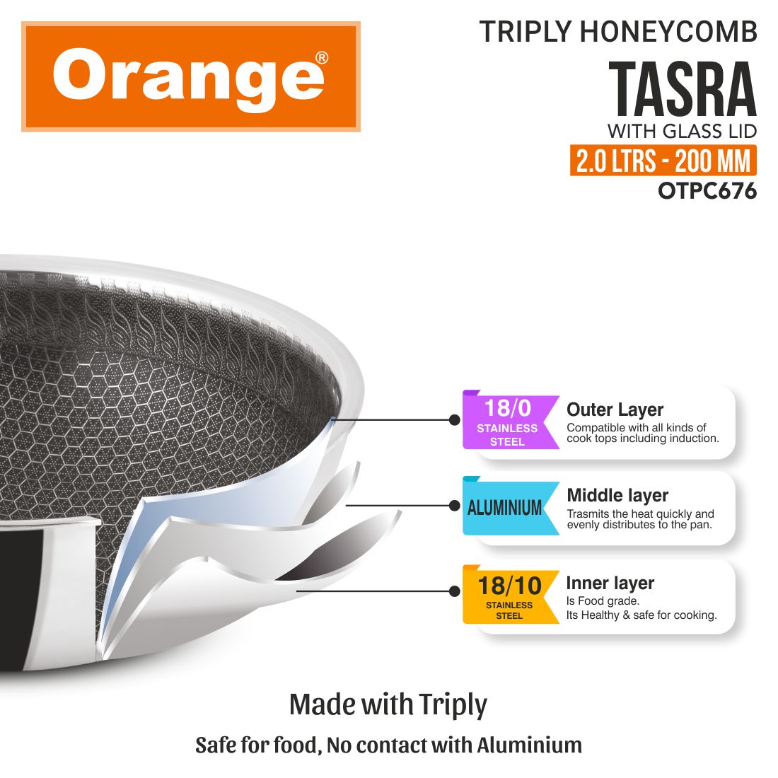 Orange Triply Honeycomb Stainless Steel Tasra Kadai with Glass Lid| Heavy Bottom, Scratch Resist Non-Stick Tasra/Tasla | Induction Friendly