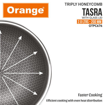 Orange Triply Honeycomb Stainless Steel Tasra Kadai with Glass Lid| Heavy Bottom, Scratch Resist Non-Stick Tasra/Tasla | Induction Friendly