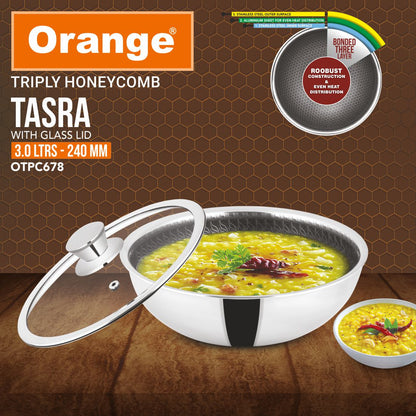 Orange Triply Honeycomb Stainless Steel Tasra Kadai with Glass Lid| Heavy Bottom, Scratch Resist Non-Stick Tasra/Tasla | Induction Friendly