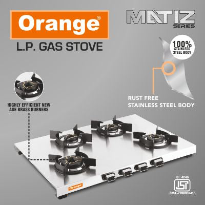 Orange Matiz Jumbo 3/4 Burner With Rust Free Stainless Steel Body | Gas Stove | Metal Knobs | Heavy Pan Support With Flame Guard