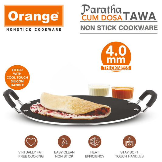 Orange PARATHA CUM  Dosa Tawa |Uttapam Tawa | Flat Tawa 30.5cm Diameter |THICKNESS 4.0MM | Premium Spatter Finish | Heavy Tawa with Soft Touch Handles. Free Spatula & Scrubber(305mm, BLACK)
