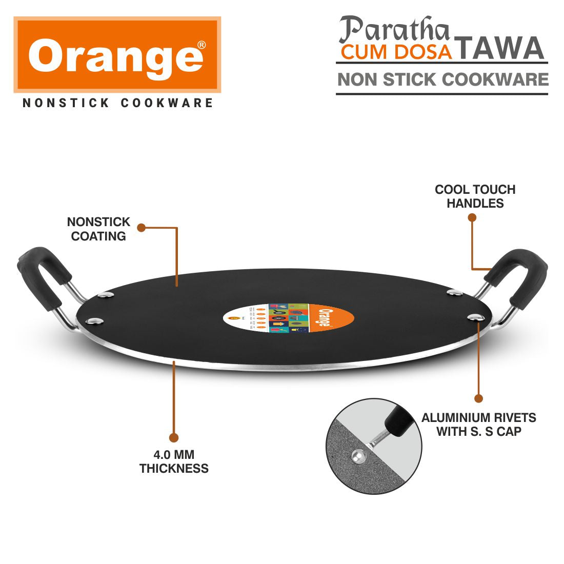 Orange PARATHA CUM  Dosa Tawa |Uttapam Tawa | Flat Tawa 30.5cm Diameter |THICKNESS 4.0MM | Premium Spatter Finish | Heavy Tawa with Soft Touch Handles. Free Spatula & Scrubber(305mm, BLACK)