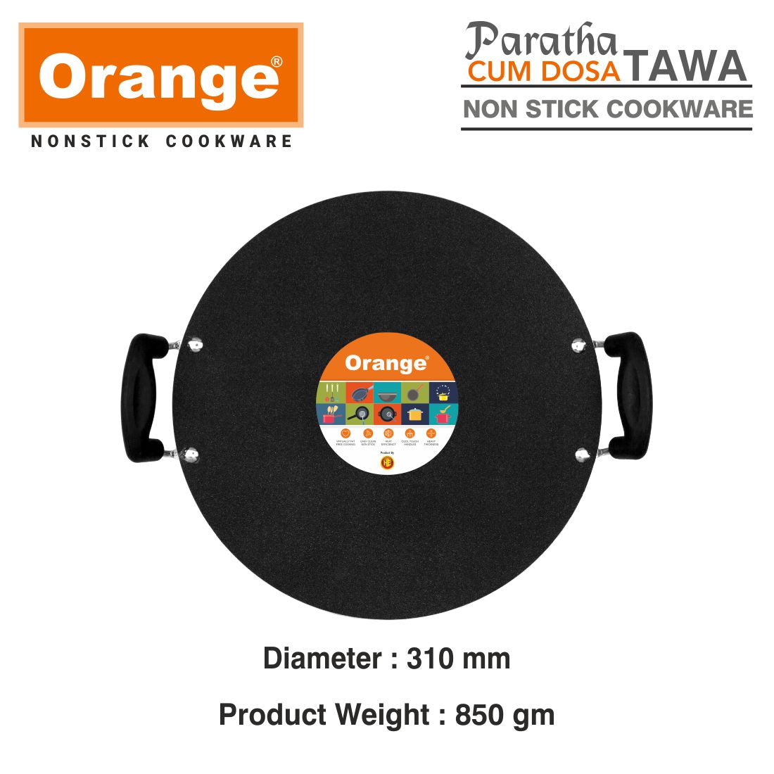 Orange PARATHA CUM  Dosa Tawa |Uttapam Tawa | Flat Tawa 30.5cm Diameter |THICKNESS 4.0MM | Premium Spatter Finish | Heavy Tawa with Soft Touch Handles. Free Spatula & Scrubber(305mm, BLACK)