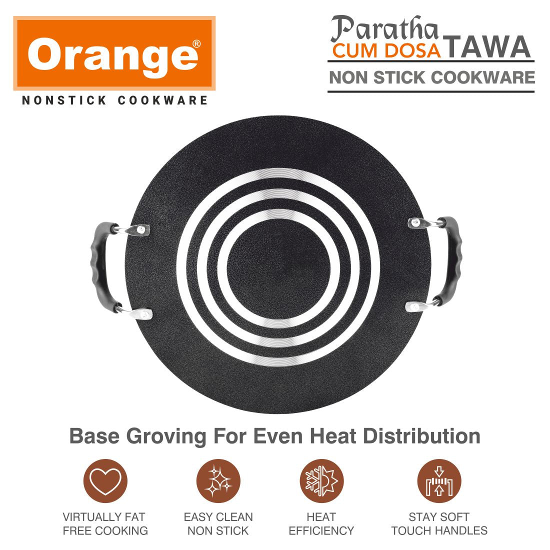 Orange PARATHA CUM  Dosa Tawa |Uttapam Tawa | Flat Tawa 30.5cm Diameter |THICKNESS 4.0MM | Premium Spatter Finish | Heavy Tawa with Soft Touch Handles. Free Spatula & Scrubber(305mm, BLACK)