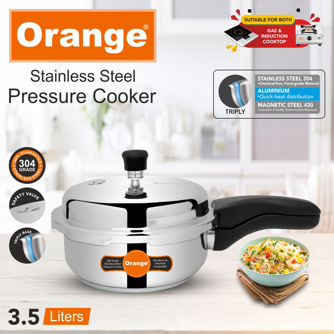 Orange Triply Stainless Steel Outer Lid Pressure Cooker Orange Cookware