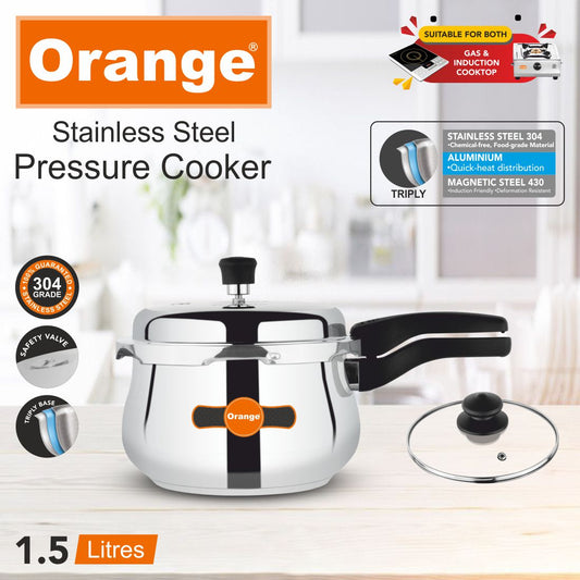 Orange Triply Stainless Steel Outer Lid Pressure Cooker Handi