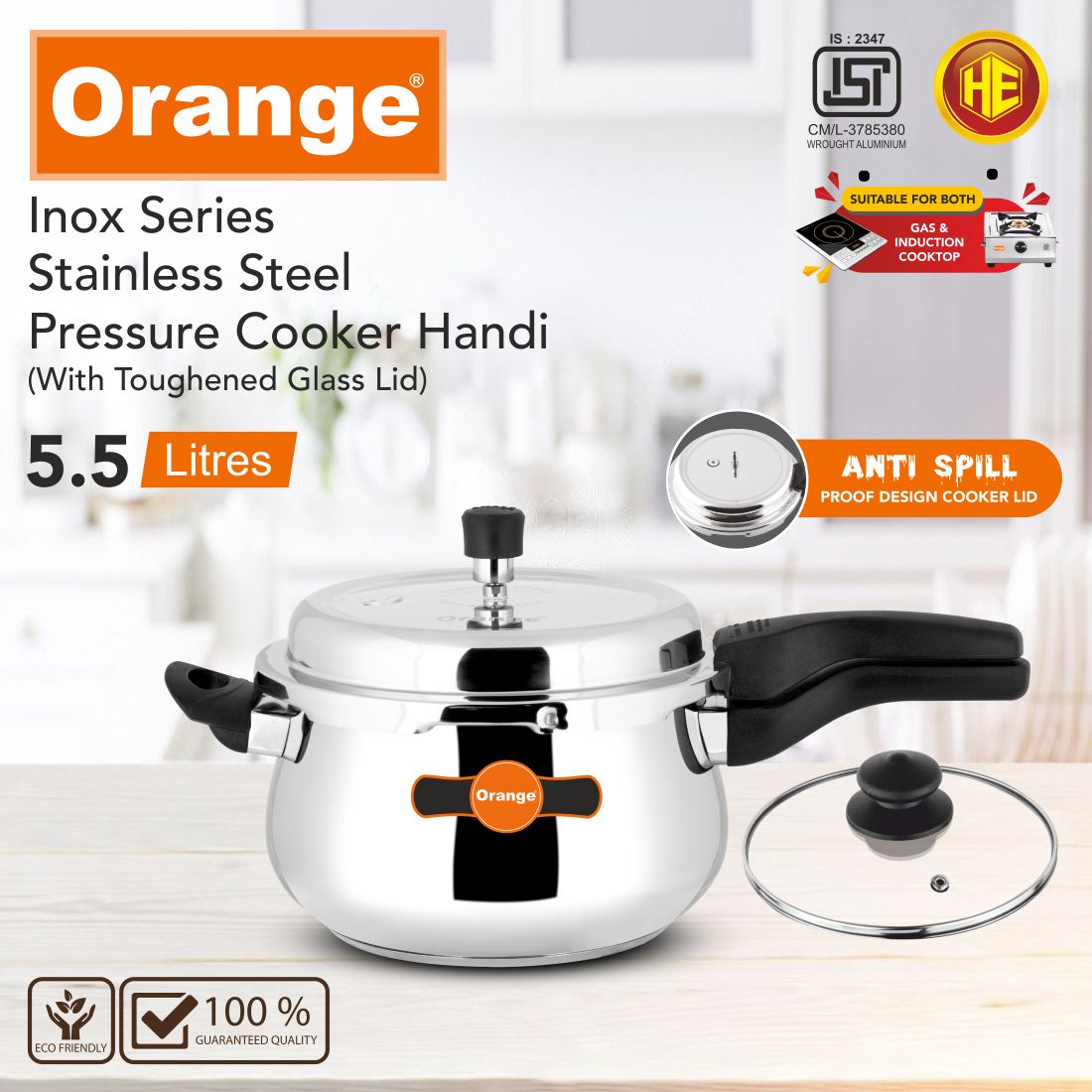 Orange Inox Series Stainless Steel Outer Lid Pressure Cooker Handi With Toughened Glass Lid