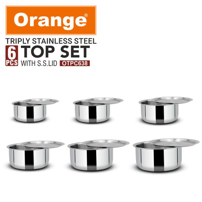 Orange Triply Stainless Steel Tope Set of 6 with Lids | Multipurpose Cookware for Milk, Dal, Rice & Boiling | 2.5mm Heavy Base | Induction & Gas Friendly | Stackable | Silver | 5 Year Warranty